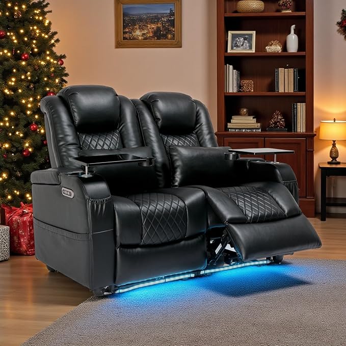 Home Theater Seating Seats, Game Movie Theater Chairs Theater Recliner Sofa with 7 Colors Ambient Lighting, Lumbar Pillow, Side Pocket, Tray Table, Power Recline, Black