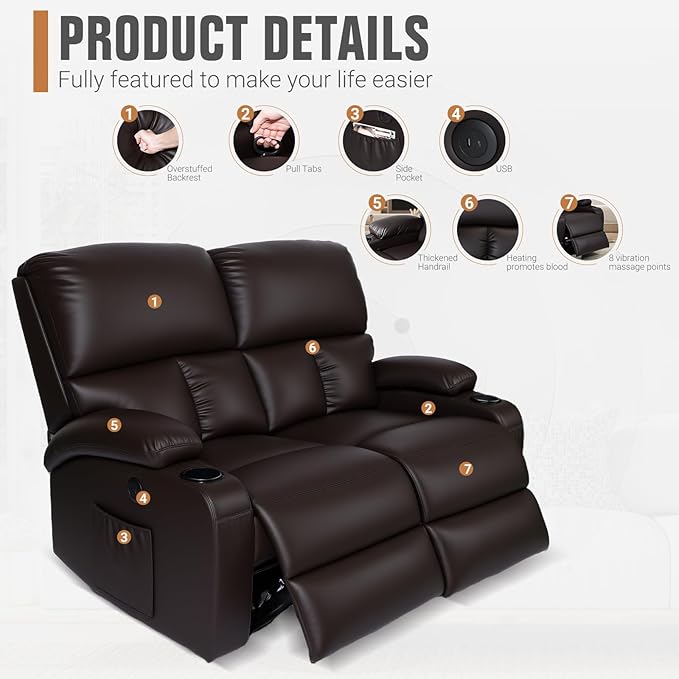 Home Theater Seating,RV Recliner Sofa with Massage and Heat,Manual RV Recliner Loveseat with USB/Cup Holders and Side Pocket for Living Room,2 Seater Brown