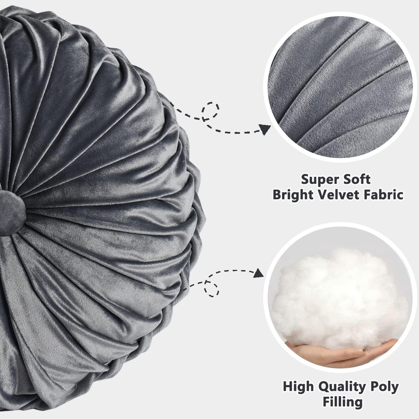 HIG Set of 2 Decorative Round Pleated Throw Pillows, Classy Accent Pumpkin Throw Pillows with Center Button, Vintage Velvet Floor Pillows for Sofa Vanity Chair Bed, Dark Gray, 14.5" Diameter(Ripple)