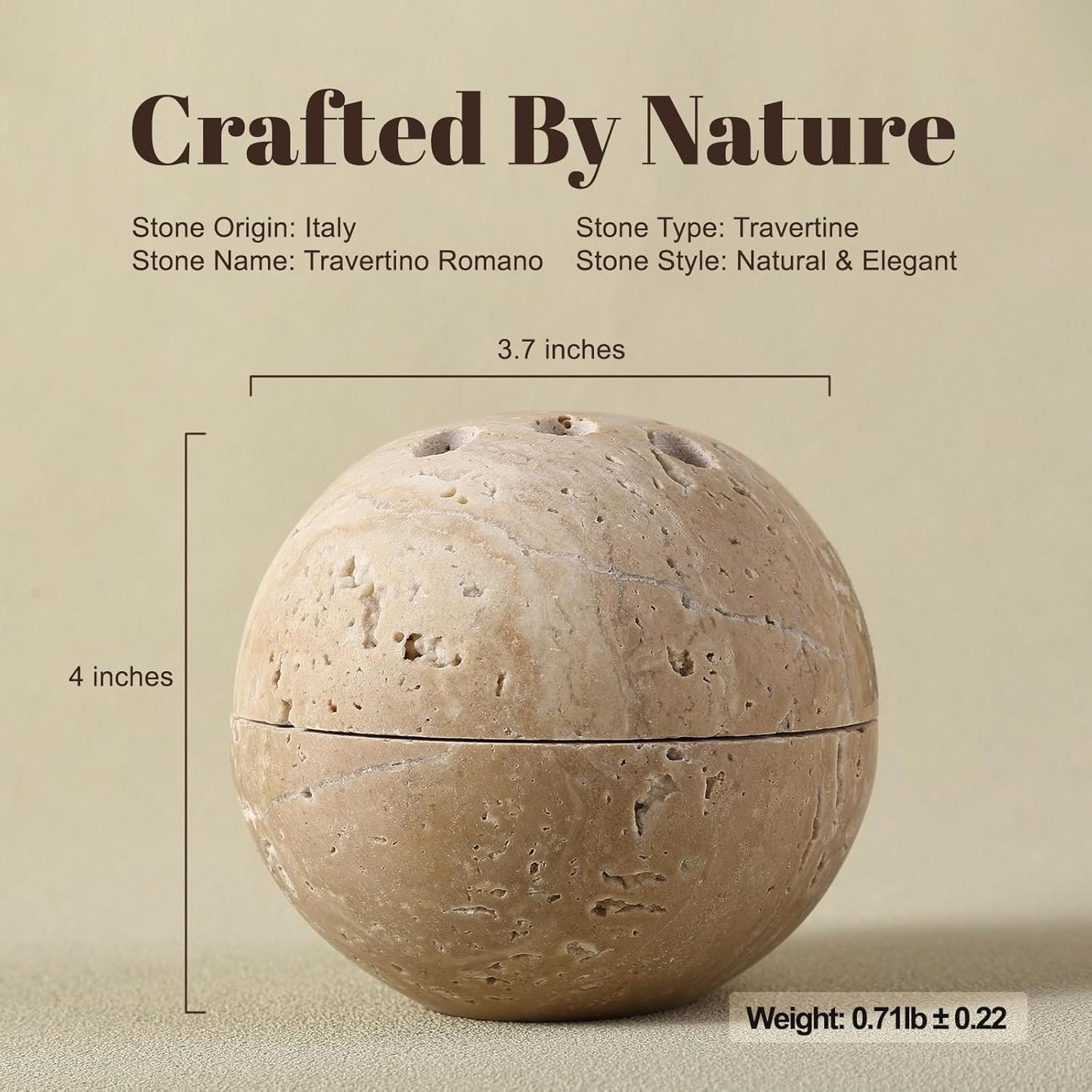 Koville Natural Travertine Stone Incense Burner, Incense Holder for Cone/Balsam Fir/Palo Santo/Sage, Handmade Sphere Incense Burner for Meditation Yoga SPA Relaxation, Home Decor,Beige Travertine