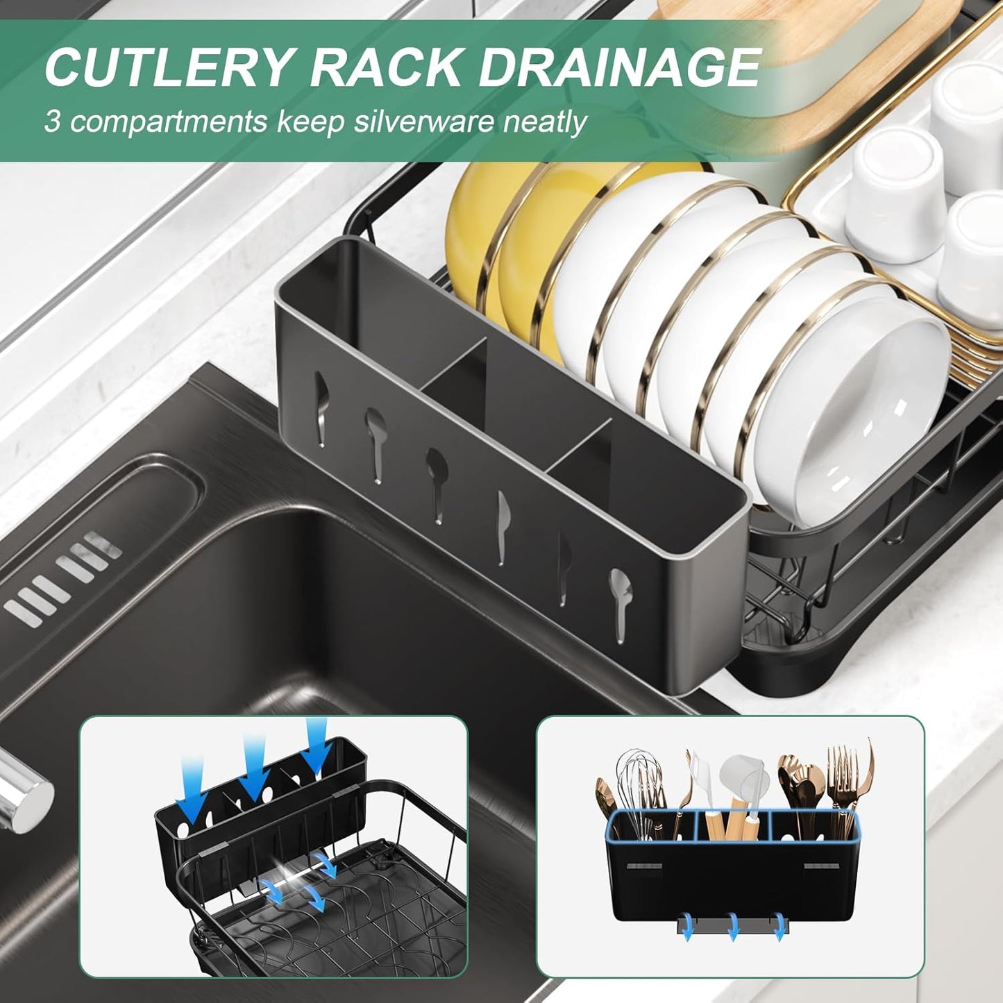 Dish Drying Rack for Kitchen Counter – Large Capacity Single Tier Dish Drainer with Utensil Holder & Cutlery Tray, Space Saving Countertop Organizer, Black