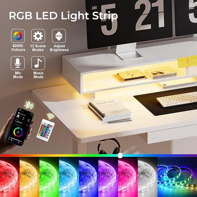 GTPLAYER Electric Standing Desk with Drawers, 55 x 24 Inch Height Adjustable Gaming Desk with Monitor Stand, Power Outlets & LED Lights, Home Office Sit Stand Up Desk with Memory Preset (White)