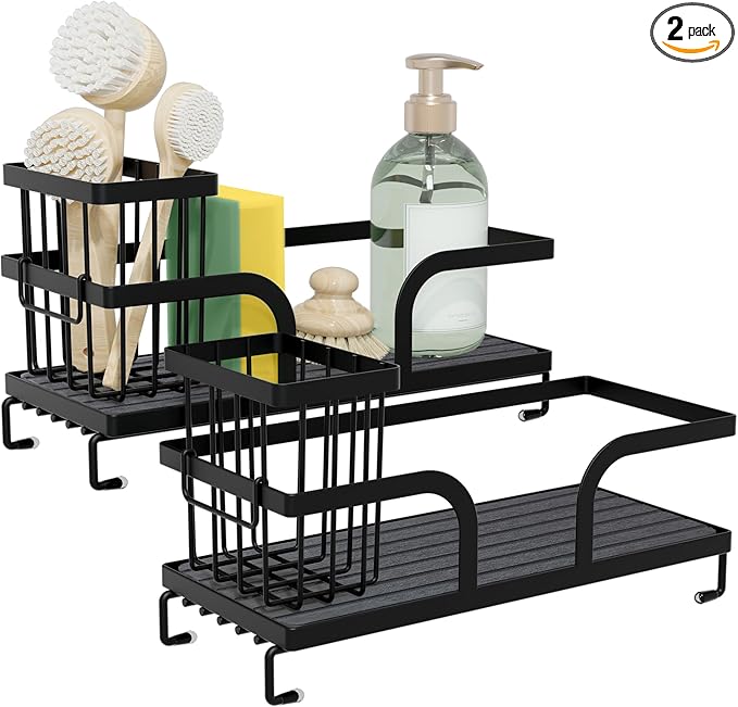 Sponge Holder for Kitchen Sink,Sink Caddy Organizers with Stone Drying Tray, Kitchen Sink Organizer for Sponges, Soap, 9.7" x 4.2"x 3.2" Home Decor Storage and Organization,2PCS Black