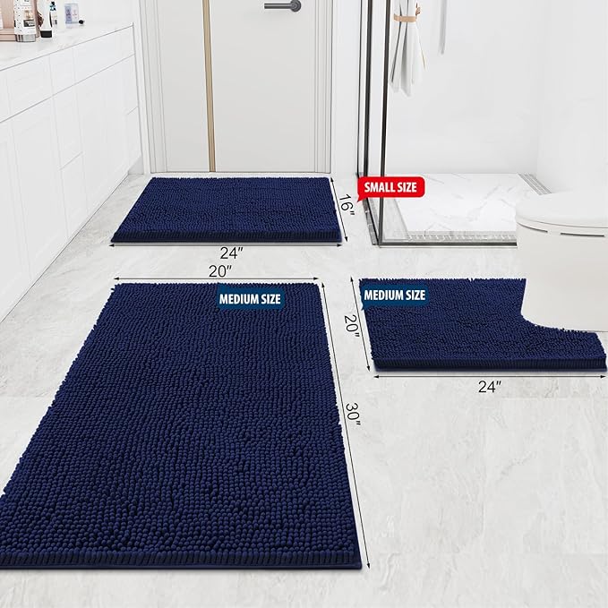 Smiry Luxury Chenille Bathroom Rugs 30x20, Extra Soft and Absorbent Shaggy Bath Mat, Machine Washable, Non-Slip Plush Carpet Runner for Tub, Shower, and Floor, Home Decor Accessories, Navy Blue
