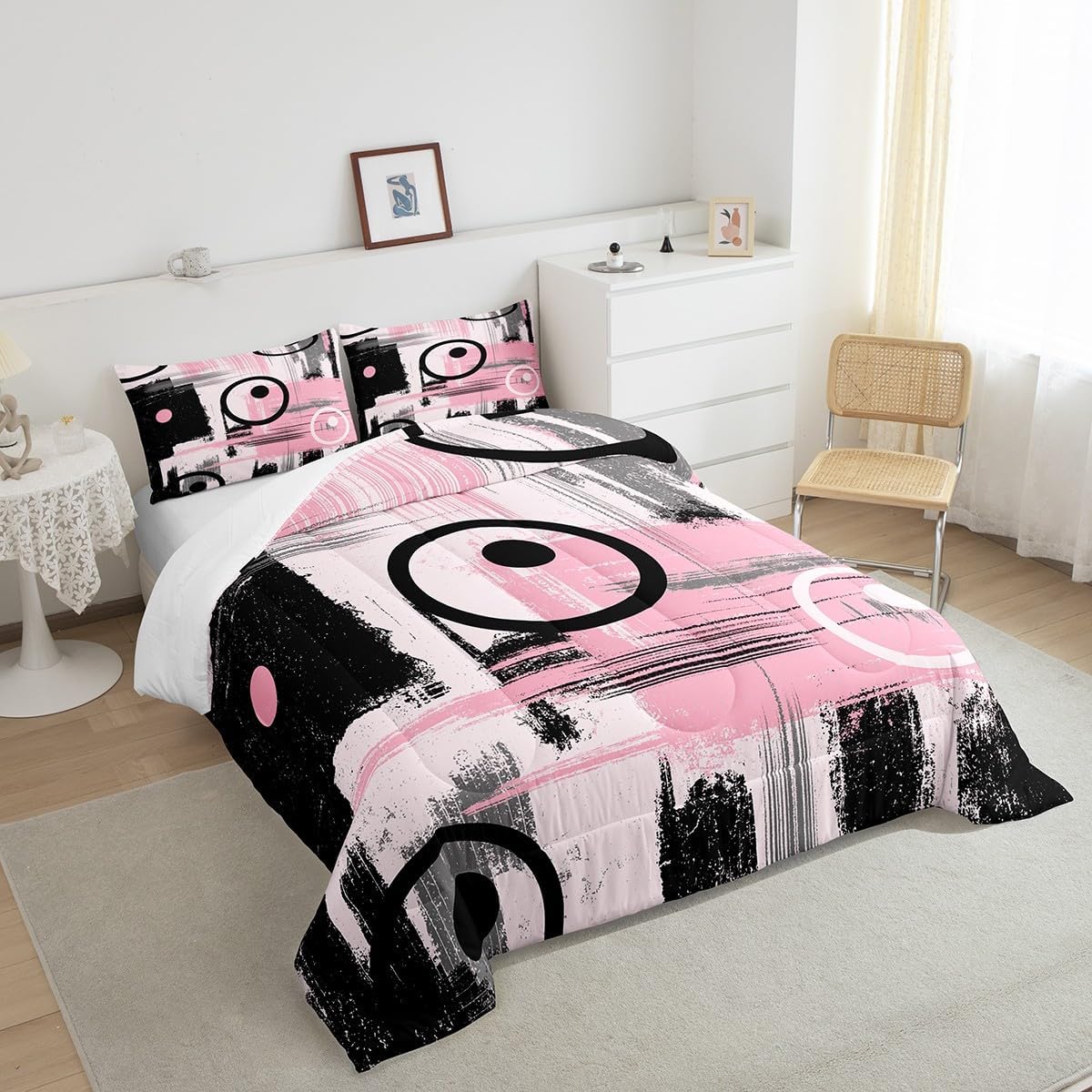 Kids Abstract Art Comforter Set Full Size Geometric Bedding Set for Boys Girls Teens Bedroom Decor Geometry Pink Grey Black Comforter Women Men Modern Duvet Set with 2 Pillow Case