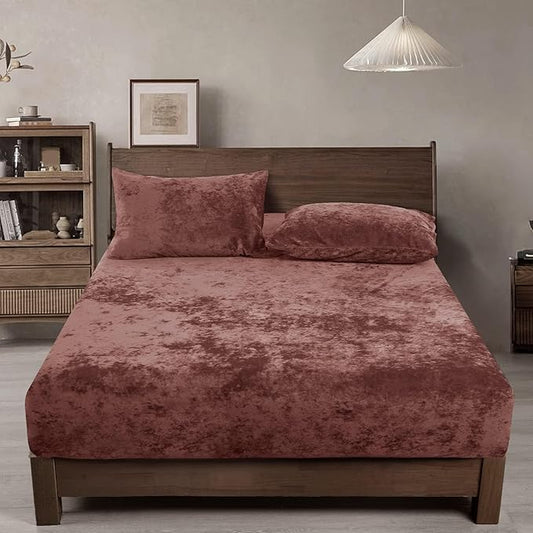 PHF Truly Velvet Fitted Sheet Only King Size, Luxury Super Soft Cozy Fuzzy Fleece Bottom Sheet, Deep Pocket Up to 16", Suitable for Fall Winter Spring, No Pillowcases, Rust Red/Burgundy