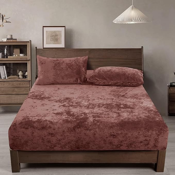 PHF Truly Velvet Fitted Sheet Only Twin Size, Luxury Super Soft Cozy Fuzzy Fleece Bottom Sheet, Deep Pocket Up to 16", Suitable for Fall Winter Spring, No Pillowcases, Rust Red/Burgundy