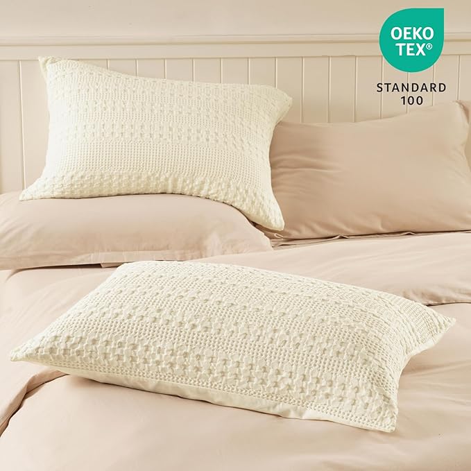 PHF Waffle Weave Pillow Shams King Size, 2 Pack 100% Cotton Pillowcases 20" x 36", No Insert, Soft & Breathable Aesthetic Woven Pillow Case Covers for Bedroom Decor, Canmoli Cream