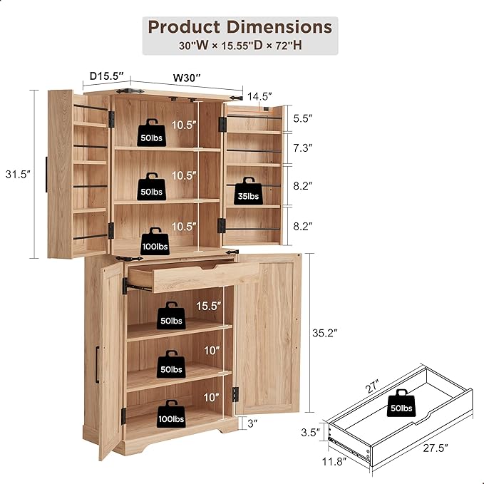72" Tall Kitchen Pantry with Natural Rattan Doors, Storage Cabinet with Organizer, Drawer and Adjustable Shelves, Wicker Cupboard for Kitchen, Dining Room, and Hallway, Natural Oak