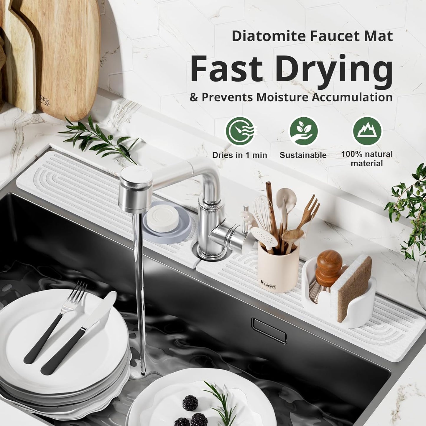 Faucet Mat for Kitchen Sink - 23.6" Quick-Drying Water Absorbing Stone Sink Splash Guard - Diatomite Fast Drying Stone Sink Mat - White
