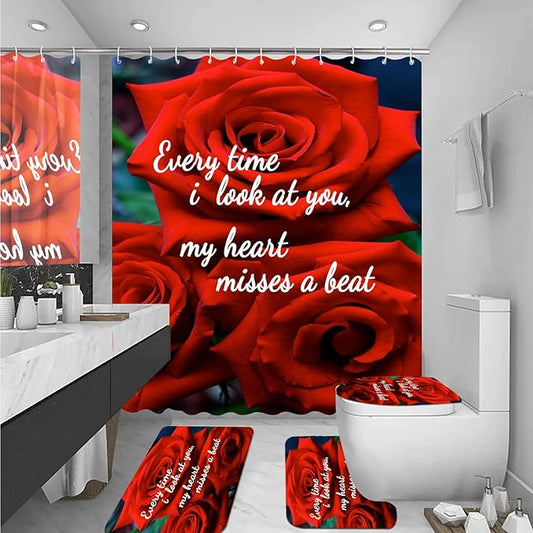 4 PCS Red Rose Shower Curtain Set with Waterproof Shower Curtain, Non-Slip Bath Mat, Absorbent Rug, and Toilet Lid Cover, Romantic Flower Bathroom Decor Set for Woman