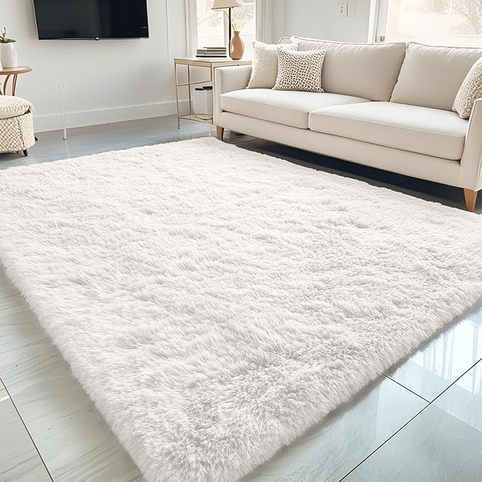 OLANLY 5x7 Machine Washable Large Area Rugs for Living Room, Bedroom, Soft Fluffy Shaggy Bedside Rug, Indoor Floor Carpet for Kids Girls and Boys, Dorms, Nursery, Home Decor Aesthetic, Ivory