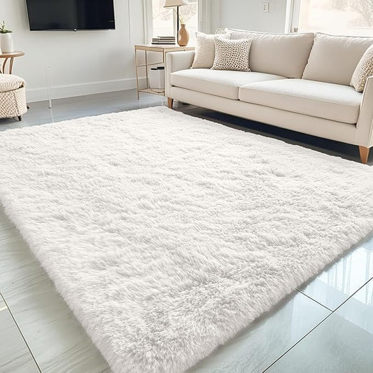OLANLY 5x7 Machine Washable Large Area Rugs for Living Room, Bedroom, Soft Fluffy Shaggy Bedside Rug, Indoor Floor Carpet for Kids Girls and Boys, Dorms, Nursery, Home Decor Aesthetic, Ivory