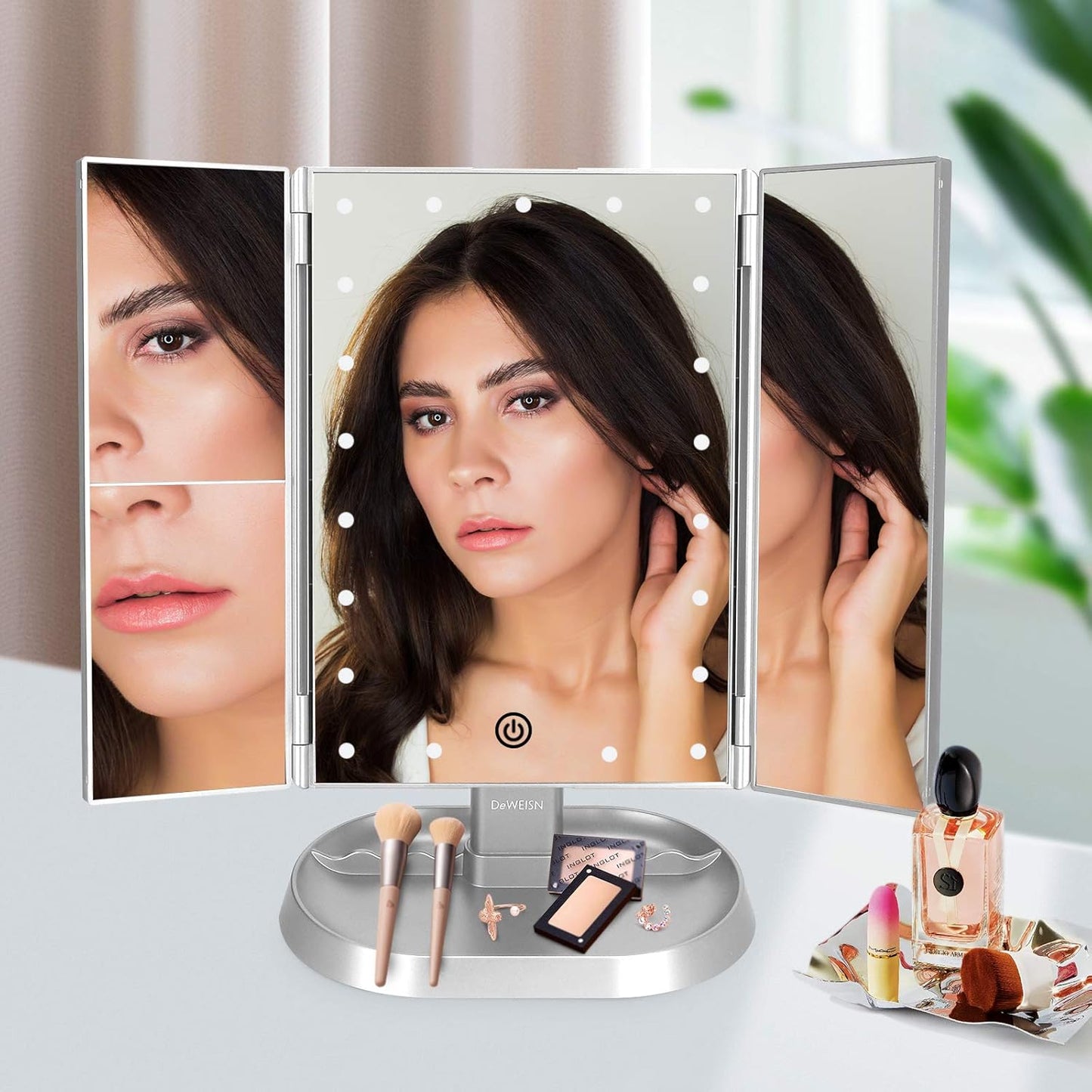 deweisn Trifold Lighted Vanity Makeup Mirror with 21 LED Lights,1/2/3 Magnification and Dimming,Two Power Supplies Makeup Mirror,Gift for Women