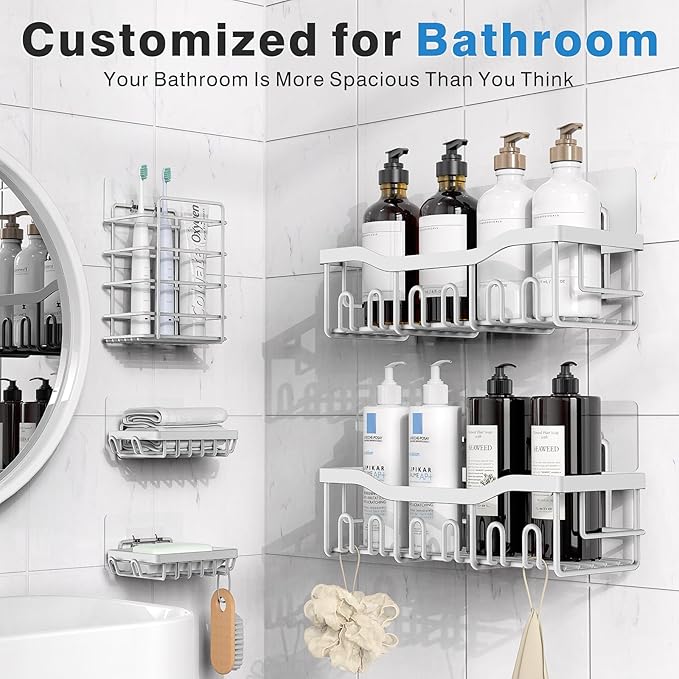 5-Pack Rustproof Stainless Steel Shower Caddy Set– No Drill Adhesive Bathroom Organizer, Space-Saving Shower Shelves for Apartment Essentials, Bathroom/Kitchen Storage Home Decor-L Size