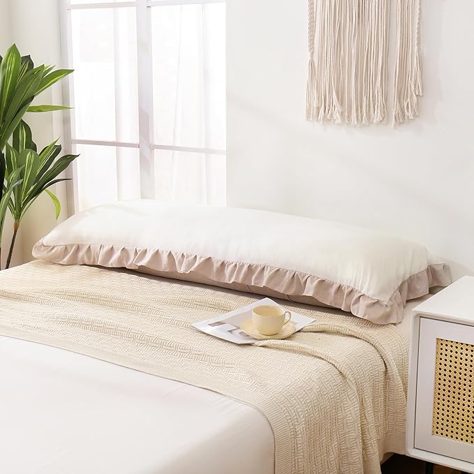 Merryword Beige Body Pillow Cover 20x54inches White and Beige Reversible Long Pillowcase Ruffled Body Pillowcases Cute Pillowcase Pillow Sham (1 Body, White Beige)