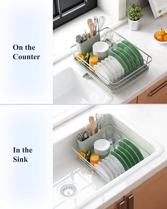 Kitsure Dish Drying Rack for Kitchen Counter, Stainless Steel Sink Organization and Storage Essentials with Cutlery Holder, Home and Appartment Decor, 12''W x 15.5''L, Light Grey