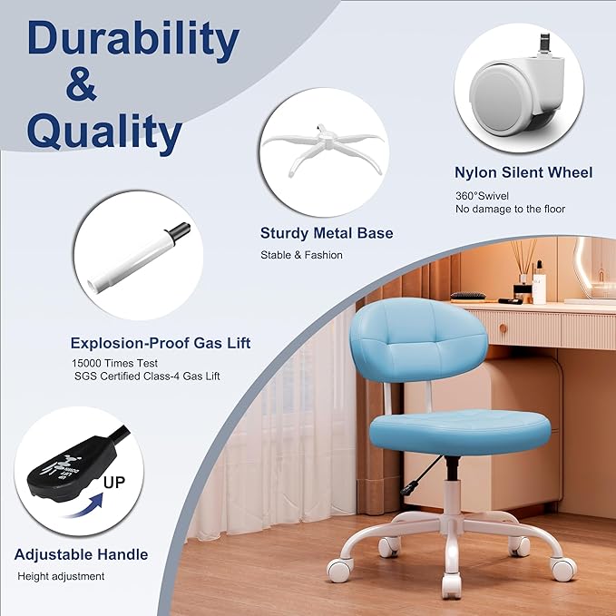 Misolant Vanity Chair with Back, Small Armless Cute Office Chair with Wheels and Lumbar Support, Comfy PU Leather Desk Computer Chairs with Adjustable Height, 360°Swivel for Home Bedroom Office, Blue