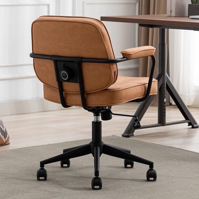 LukeAlon Adjustable Pu Leather Office Chair, Comfy 360° Swivel Task Chair with Armrest Modern Thickened Seat Desk Chair Tiltable Computer Chair with Button Tufted for Home Office, Light Brown