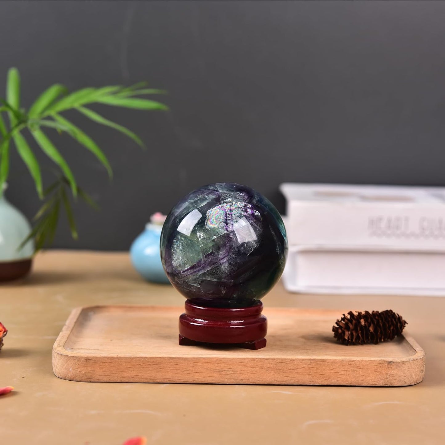 JIC Gem Natural Colorful Fluorite Crystal Sphere Crystal Decorative Ball with Wooden Stand Meditation Balls for Witchcraft Reiki Gift 60-70mm