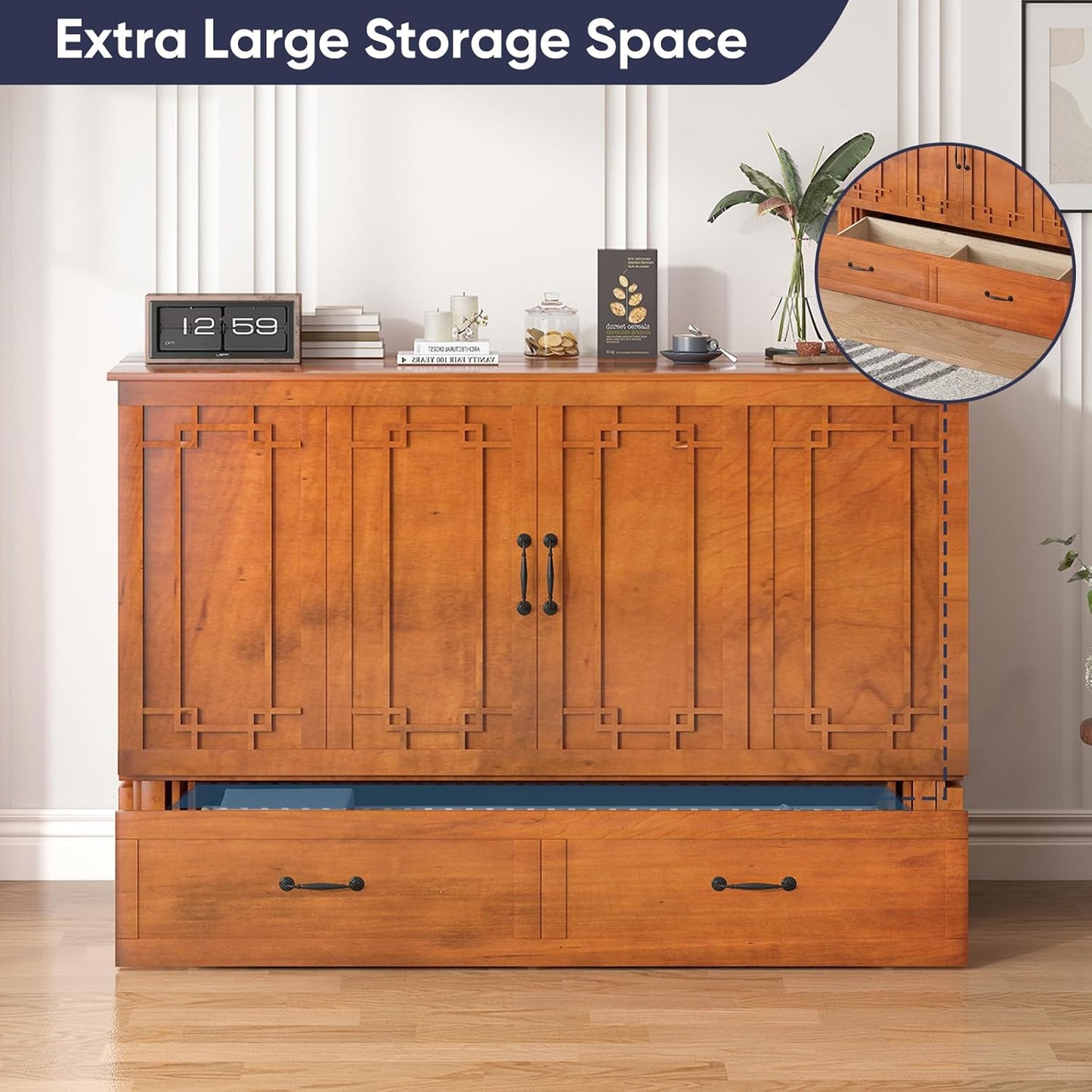 ijuicy Chest Murphy Bed Queen, Murphy Cube Cabinet Bed with 3 Level Foldable Memory Foam Mattress, 2 Large Drawers and Charging Station for Guests Room/Bedroom(Caramel Red)