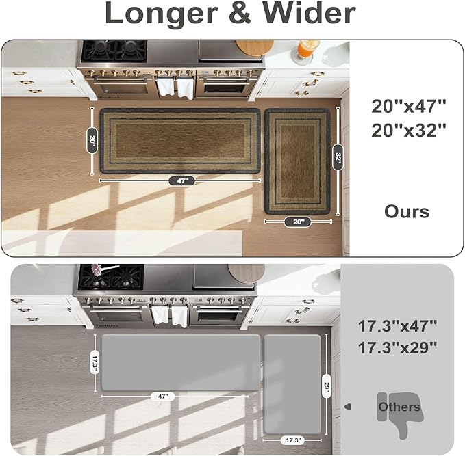 KIMODE Anti Fatigue Kitchen Mats, Boho Distressed Kitchen Floor Mats 20"x47"+20"x32", Non Slip Waterproof Kitchen Rugs, Padded Comfort Standing Mats for Laundry Office Sink Desk Grey/Brown