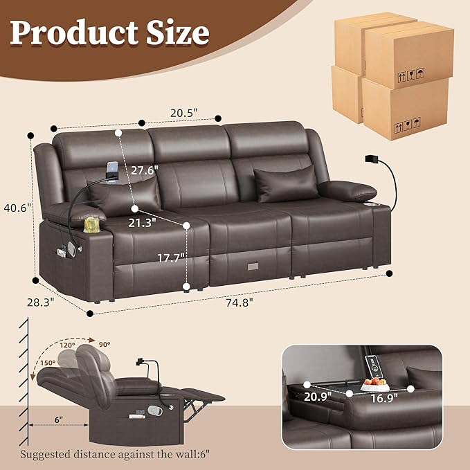 Home Theater Seating，RV Reclining Sofa Set with Adjustable Headrest， Recliner Sofa with Heat and USB&Type-C, Dawer & Cup Holders, 150° Recline for RV & Living Room(3-Seater Brown)