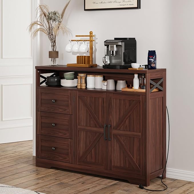 47" Dark Brown Farmhouse Storage Cabinet with Barn Doors and Drawers, Sideboard Buffet Cabinet with Storage, Kitchen Pantry Hutch, Coffee Bar Station Table for Kitchen, Living, Dining Room