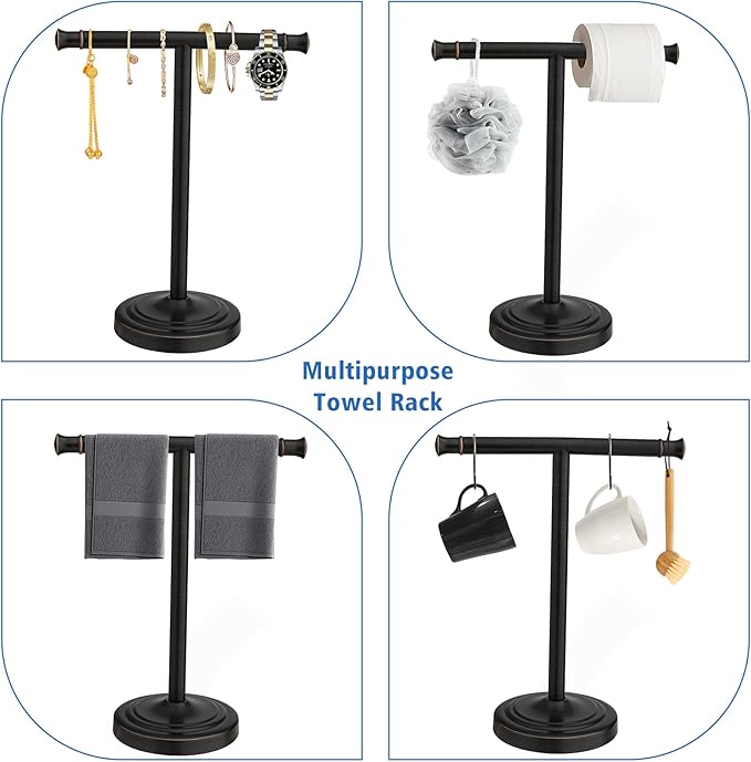 RUMOSE 13 Inch Oil Rubbed Bronze Towel Stand Hand Towel Holder Bathroom Kitchen Vanity Countertop T-Shape Towel Rack Free Standing Stainless Steel Towel Bar Towel Ring