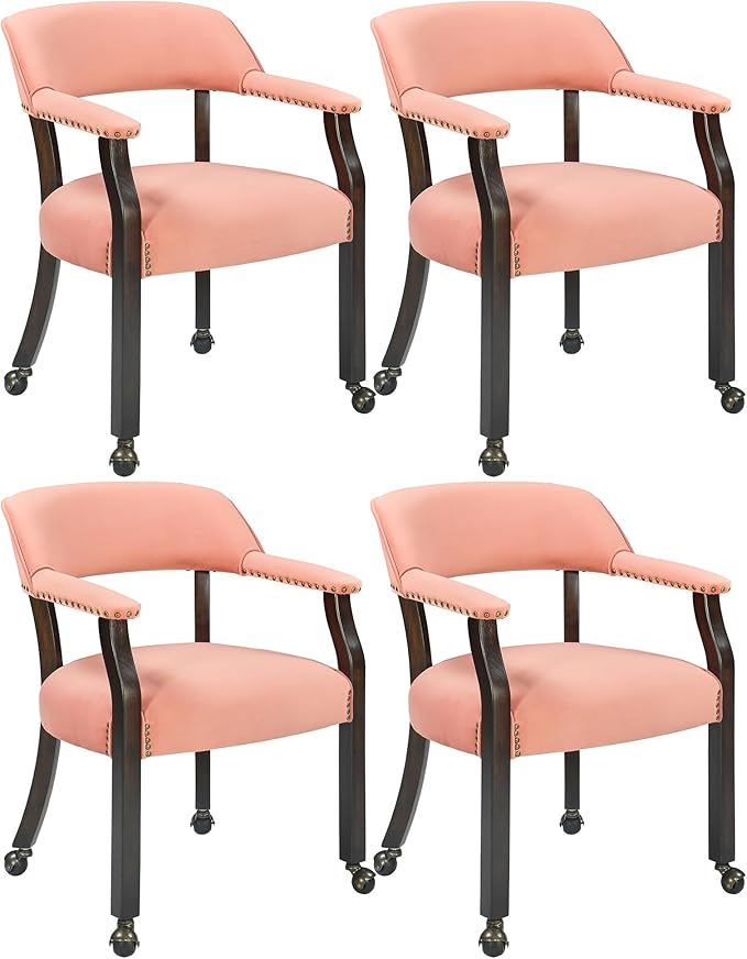 MODERION Dinning Chairs with Wheels and Arms Set of 4, Solid Wood Office Desk Chairs with Frosted Velvet Upholstered, Classic Swivel Accent Chairs, 31.5" H Boss Caption's Chair, Pink, XXY-HT22-PI
