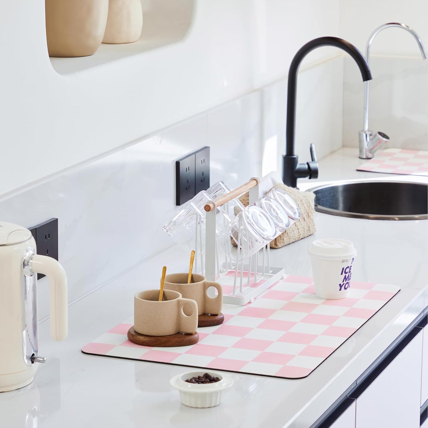 Checkered Dish Drying Mat for Kitchen Counter, Coffee Bar Station Accessories, Retro Cute Aesthetic Girly Women Modern Absorbent Drainer Mat Kitchen Drying Mat Easy Clean, Pink 12" x 19"