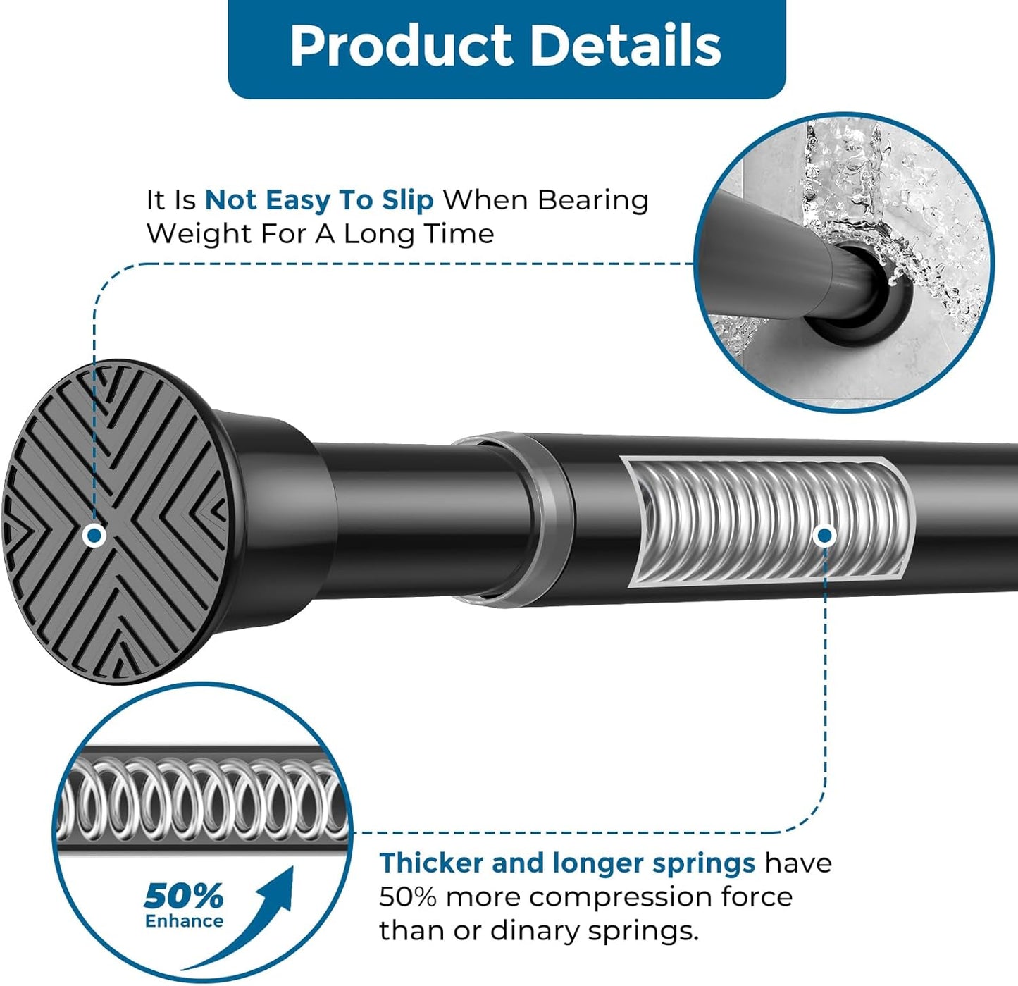 AIZESI Black Adjustable Tension Shower Curtain Rod, 31-77 Inch Spring No Drill Stainless Steel Shower Rods for Bathroom，Closet ，Window–Rust Resistant，Non-Slip