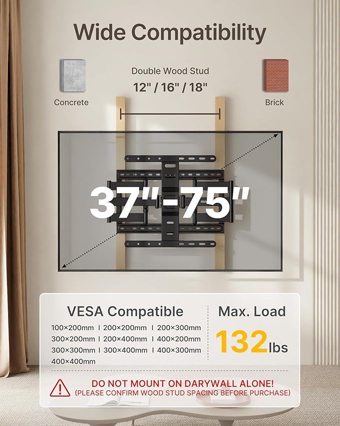 monTEK 1.1" Ultra Slim TV Wall Mount for 37-75 Inch TVs, 132lbs Heavy Duty, 4X Weight Tested, Full Motion Articulating Bracket, Max VESA 400x400mm, Fits 16/18" Studs