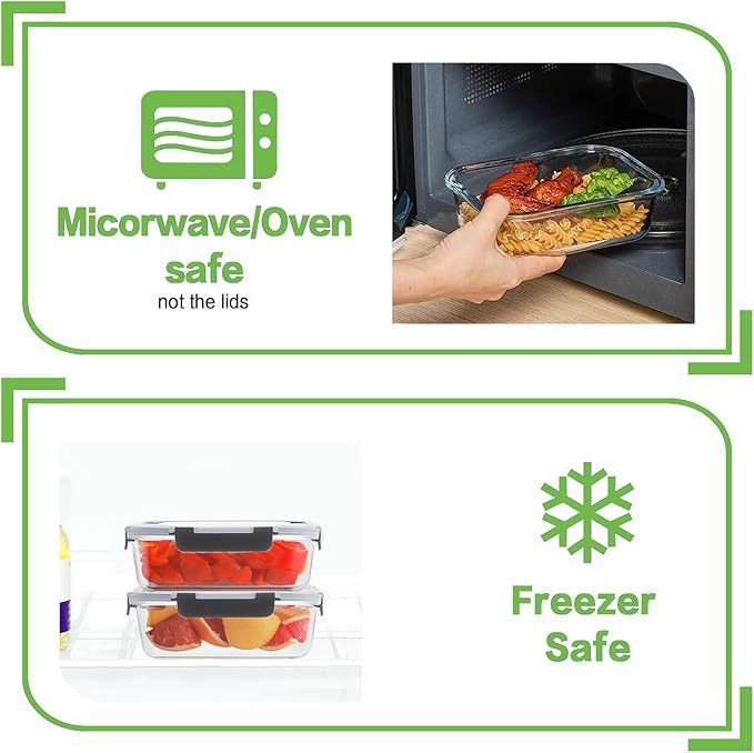 HOMBERKING 24pc Glass Food Storage Containers with Lids, Glass Meal Prep Containers with Leak Proof Snap Lock Lids, Airtight Bento Lunch Boxes, Kitchen Storage (12 lids & 12 Containers) - Black