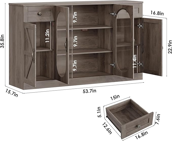Keyluv Buffet Cabinet 55" Large Storage Coffee Bar with Drawer and Shelves, 3 Spacious Shelves Behind Glass Doors Sideboard Cabinet, Farmhouse Furniture for Kitchen/Dining/Living Room, Washed Brown