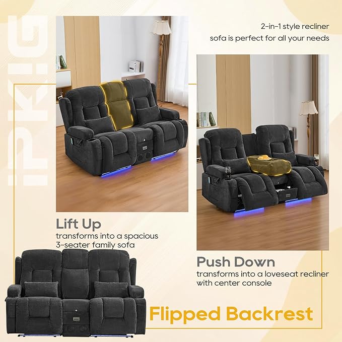 IPKIG 67" Power Reclining Loveseat Sofa, Electric Home Theater Seating with Console/4 Colors Ambient Lighting/Bluetooth Speakers/USB Ports/Built-in Outlets (Charcoal, Loveseat Recliner)
