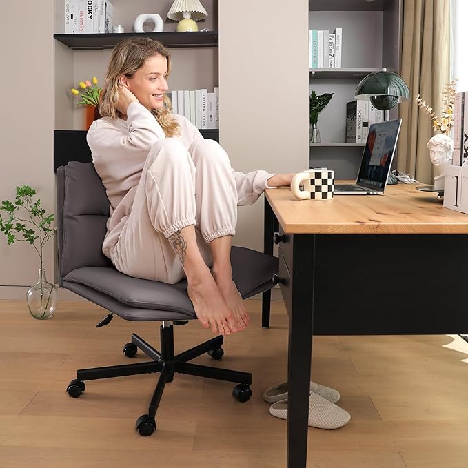 EMIAH Armless Office Desk Chairs with Wheels Criss Cross Chair PU-Leather Mid-Back Ergonomic Home Office Computer Comfortable Thickened Cushion Adjustable Swivel Chair-Chocolate Brown