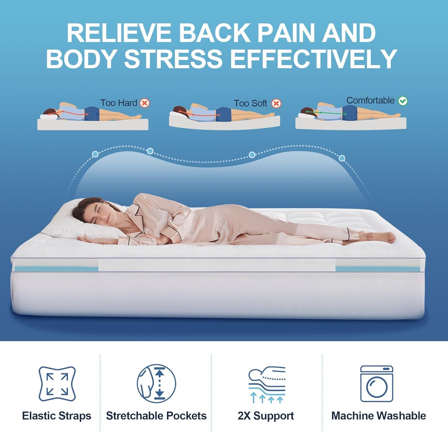 King Memory Foam Mattress Topper, 4 Inch Dual Layer Mattress Pad with Pillow Top Mattress Topper King Size Bed Cover, Support for Back Pain (White)