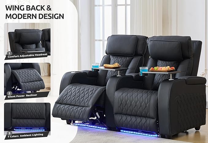 Home Theater Seating Top Grain Leather, Movie Theater Chairs Theater Recliner Sofa with Dual Power Ergonomic Design 7 Colors Ambient Lighting Tray Table Type-C USB Charge (Black, Row of 4)