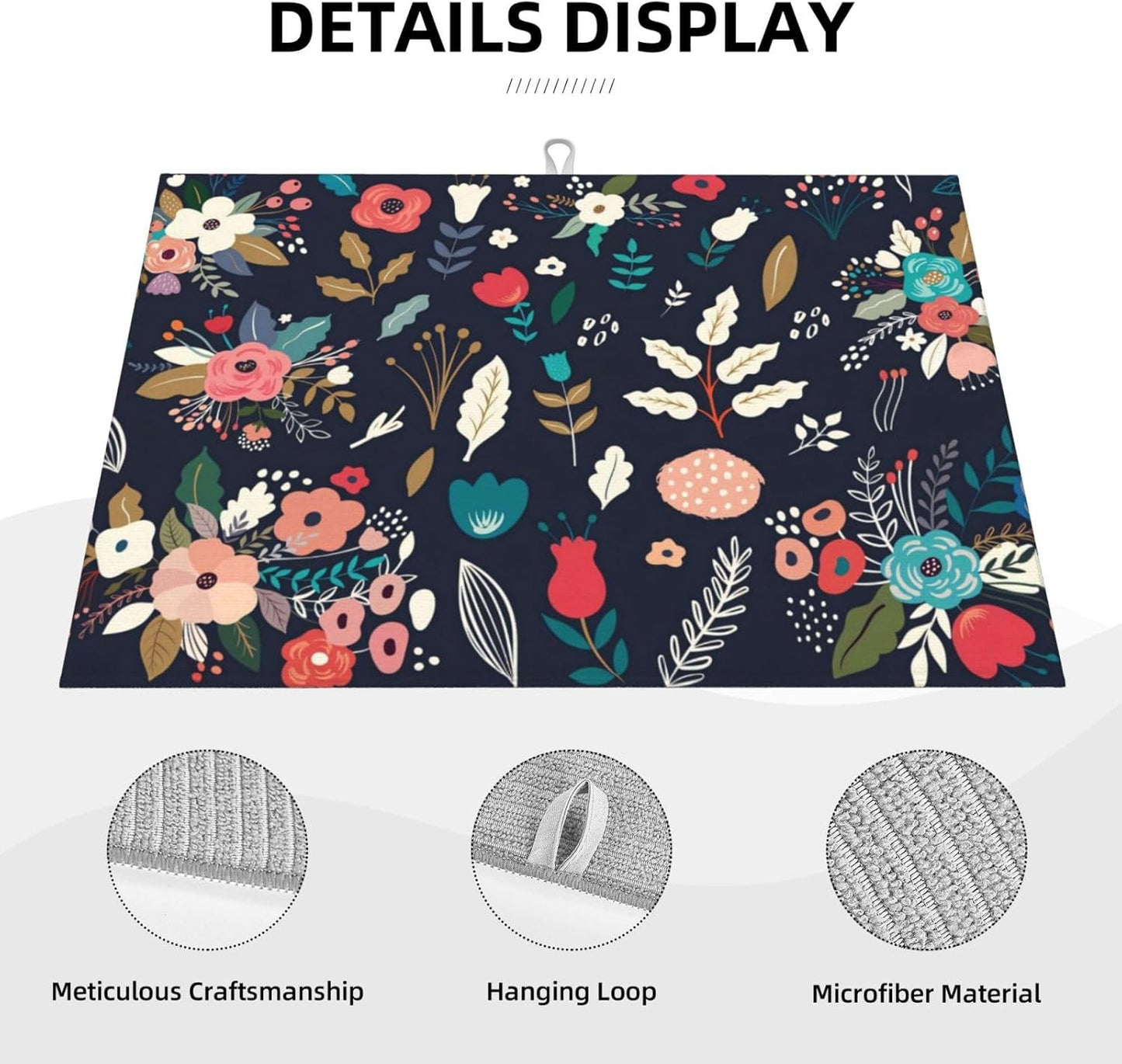 Colorful Flowers Black Dish Drying Mat 18x24 For Kitchen Counter Absorbent Microfiber Dishes Pad Dish Drainer Rack Mats Fast Dry Kitchen Accessories