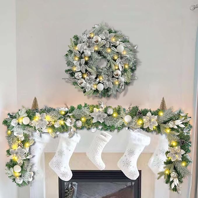 WANNA-CUL Pre-Lit 6 ft/ 72 Inch Christmas Garland with Lights for Front Door Decor with Silver White Christmas Ball Ornaments and Poinsettia Flowers,Battery Operated 30 LED Lights