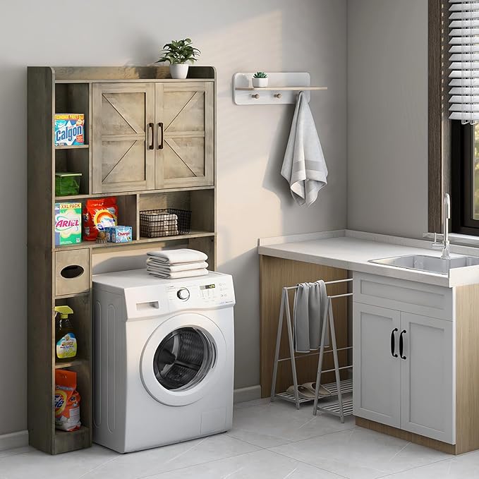 Over The Toilet Storage Cabinet, Farmhouse Storage Cabinet Over Toilet with 2 Barn Door & Toilet Paper Holder Stand，Home Space-Saving Toilet Rack, for Bathroom, Restroom, Laundry