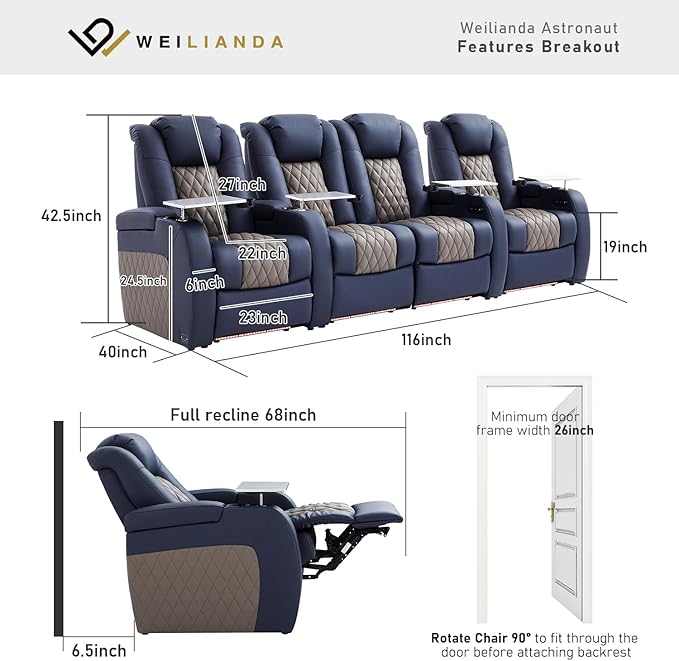 Home Theater Seating, Top Grain Leather Movie Seats Recliner Chair, Zero Gravity Reclining Gaming Sofa with Power Headrest 7 Colors Ambient Lighting 4 Seats Loveseat Middle Blue Grey