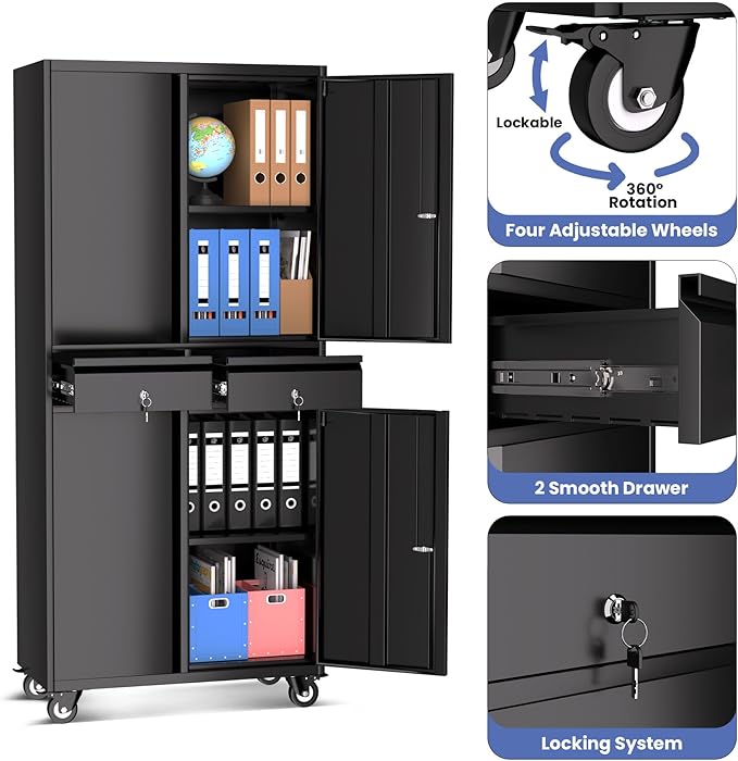 IDEALHOUSE Garage Storage Cabinet, 73 Inch Metal with Locking Doors and Adjustable Shelves, Heavy Duty Tool Cabinet with 2 Drawers