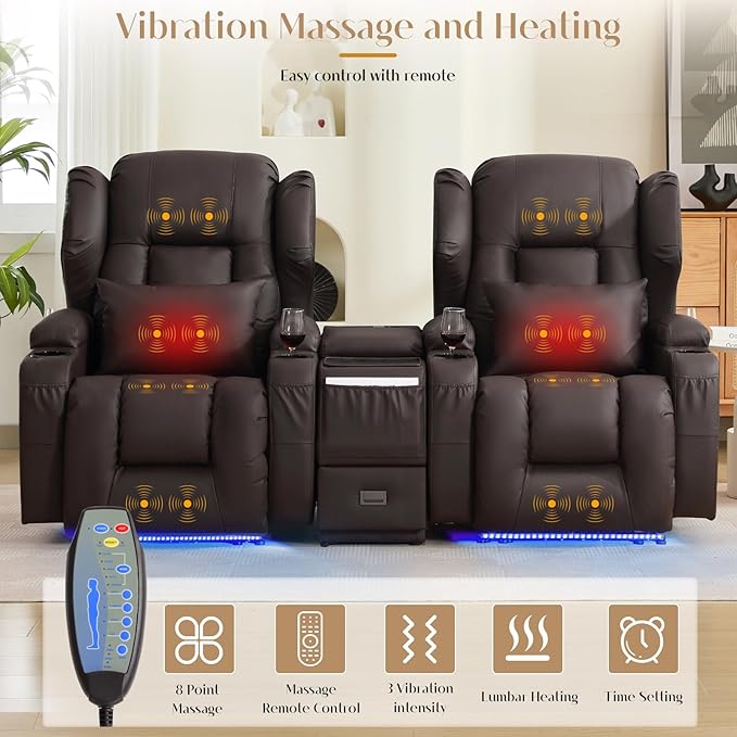 Wall Hugger Power Recliner Chair, Home Theater Seating Electric Recliing Sofa with Massage & Heat, Cup Holder, USB Port, LED Ambient Light, Storage for Living Room (Brown, 2 Chairs)