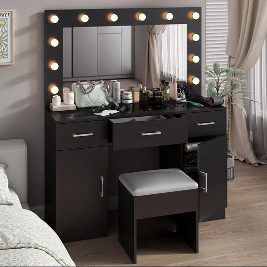Karl home Vanity Desk with Large Lighted Mirror & Powre Outlet, Glass Tabletop Makeup Vanity Set with 3 Drawers & 2 Cabinet, 45.3" Make up Dressing Table with 12 Lights for Bedroom, Black