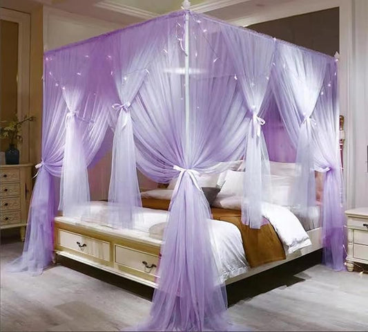VETHIN 4 Corners Post Princess Bed Canopy Curtain Double Layer Cozy Drape Netting 4 Opening Mosquito Net for Girls & Adults Bedroom Decoration Accessories (Double Purple,59" W*82" L*82"*H/(Queen))