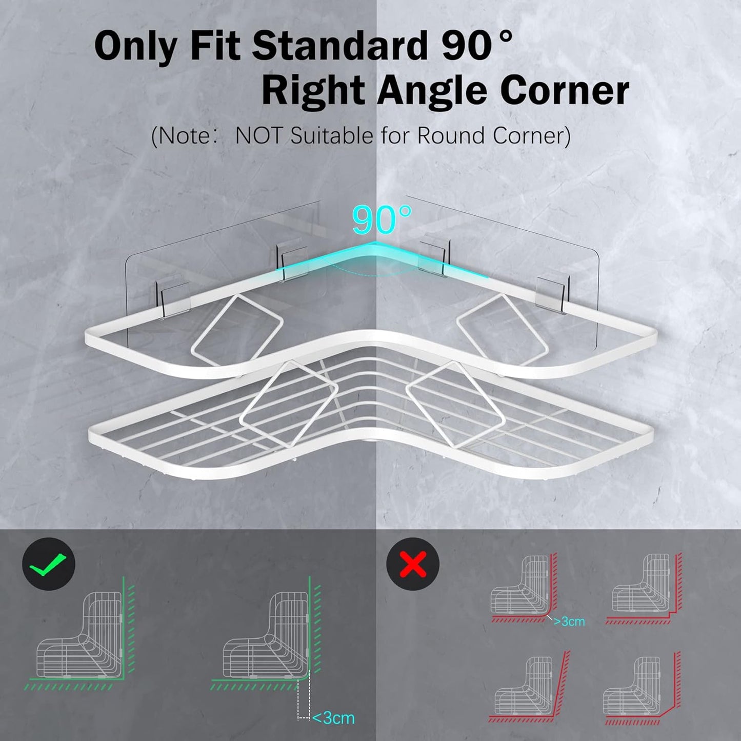 Kadolina Large Corner Shower Caddy Shelf, 2 Pack Adhesive Bathroom Shower Organizer Shelves, No Drilling Rustproof Wall Mounted Shower Storage Basket Shampoo Holder Organizer (White)