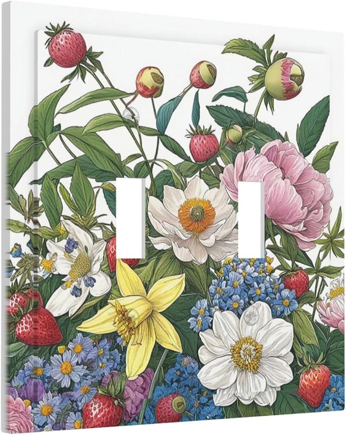 Spring Watercolor Flower Plant Strawberry Peony Floral Decorative Switch Plates 2 Gang Double Toggle Wall Plate Electrical Faceplate Outlet Light Switch Cover for Bedroom living Room Decor