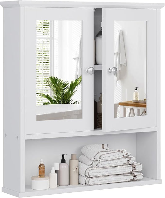 Meilocar Bathroom Wall Cabinet with Mirror, White Bathroom Mirror Cabinet Wall Mounted, Over Toilet Medicine Cabinets with Adjustable Shelf, White